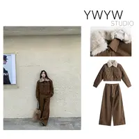 美拉德色系复古拆卸毛领工装短外套+直筒阔腿百搭工装裤套装6085