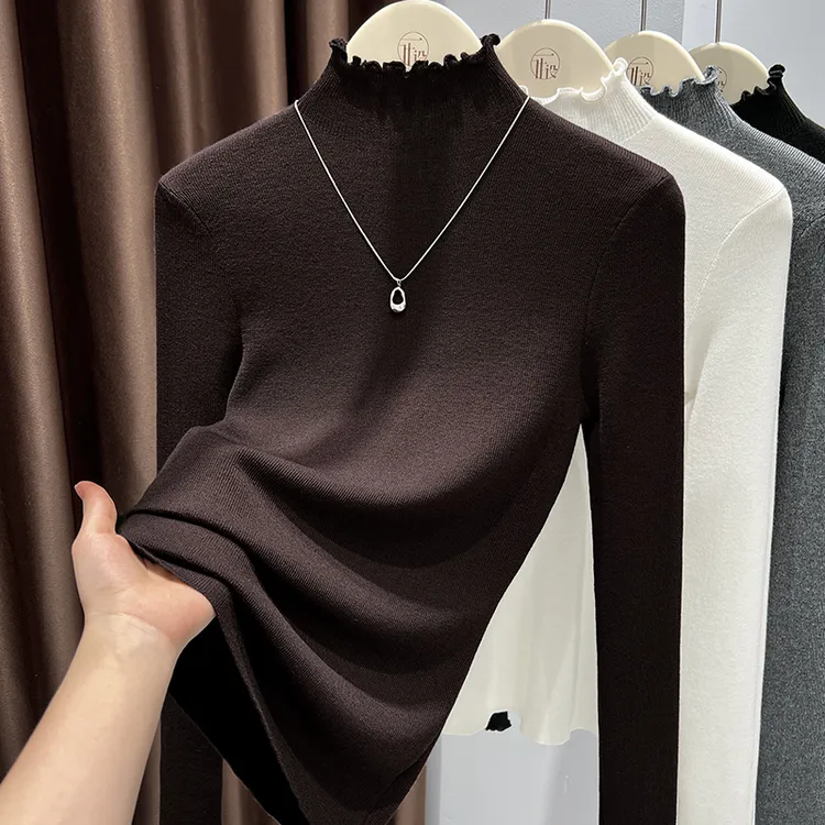 咖色半高领打底衫女秋冬内搭气质修身洋气毛衣木耳边长袖针织上衣