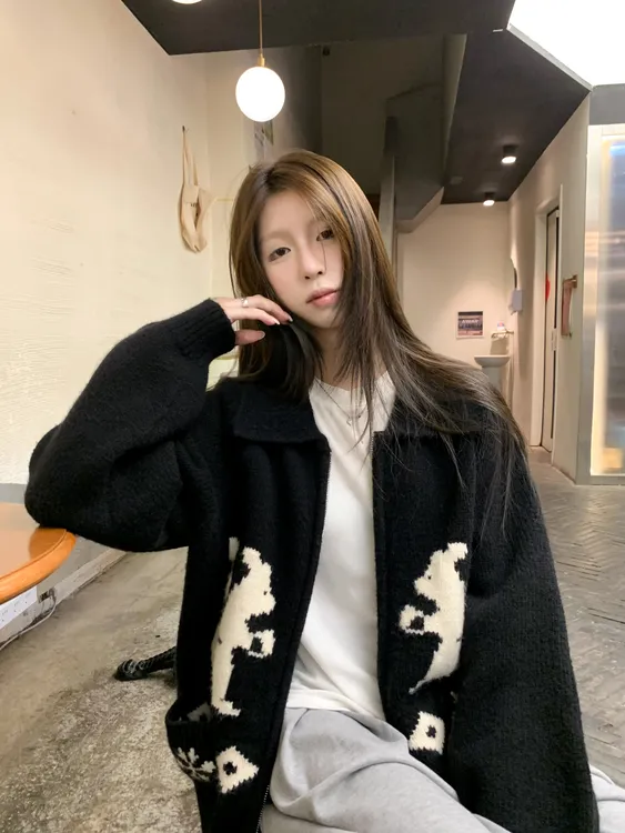 美式复古甜美可爱小松鼠polo领针织衫外套女春秋宽松时尚休闲上衣