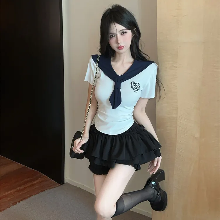 少女风纯欲风学院风时尚套装上衣足疗工辣妹套装女装短款jk制服