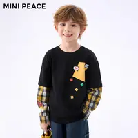MINIPEACE太平鸟童装男童秋装儿童长袖T恤假两件格子上衣洋气新款