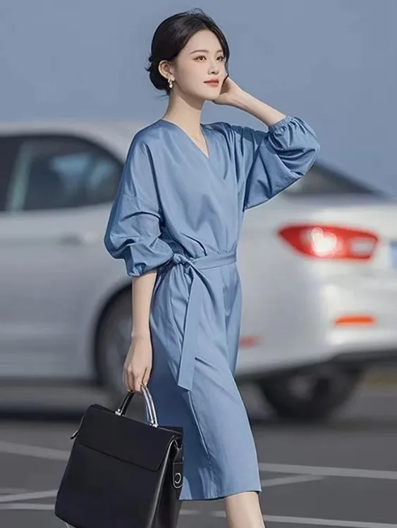 蓝色衬衫连衣裙独特漂亮春装高级感御姐穿搭气质通勤女装收腰裙子