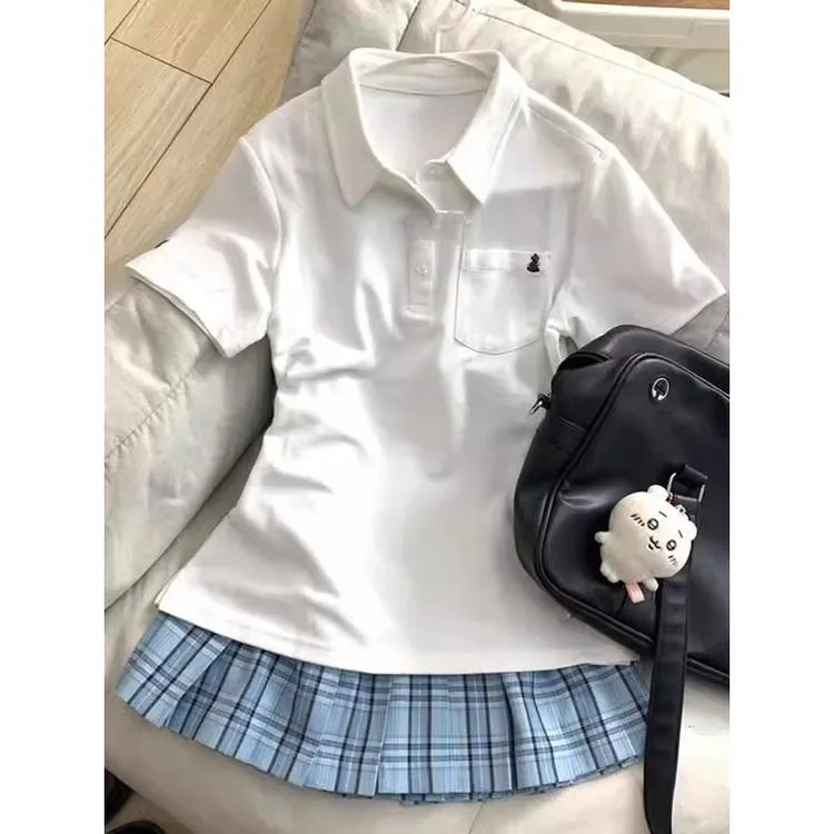新款爆款POLO衫夏季学院风白色收腰短袖运动款上衣翻领