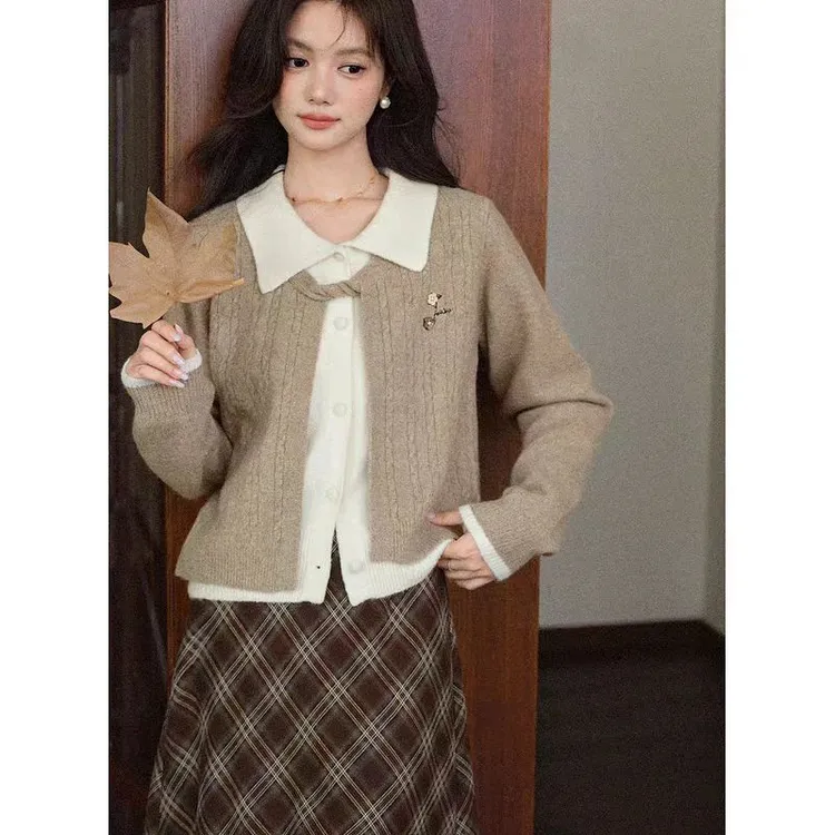 秋季法式短款假两件灰色毛衣上衣H869