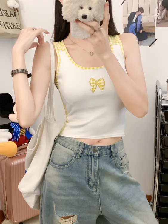 夏秋新款唯美港风蝴蝶刺绣撞色格子工字背心女带胸垫显瘦百搭吊带