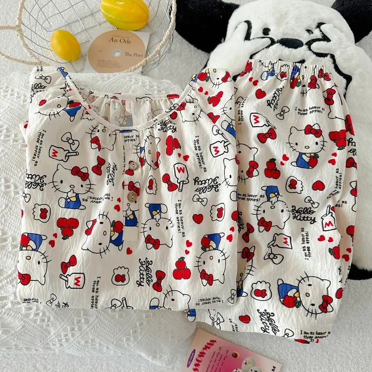 日系ins风可爱kitty云朵棉睡衣女夏季少女短袖薄款圆领套头家居服