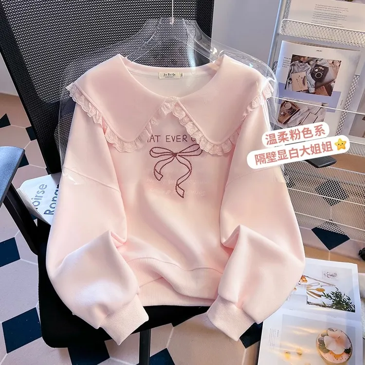 女童2025新款卫衣春秋娃娃领春秋初中高中大童学院风蕾丝刺绣上衣