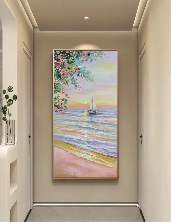 2025最新款《温柔浪潮》油画布纯手绘客厅玄关竖版手绘油画挂画