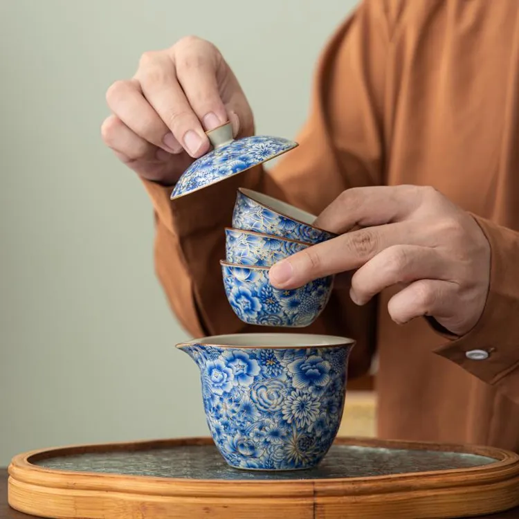 青花汝窑户外露营旅行茶具便携式高档陶瓷一壶三杯快客杯随身泡茶