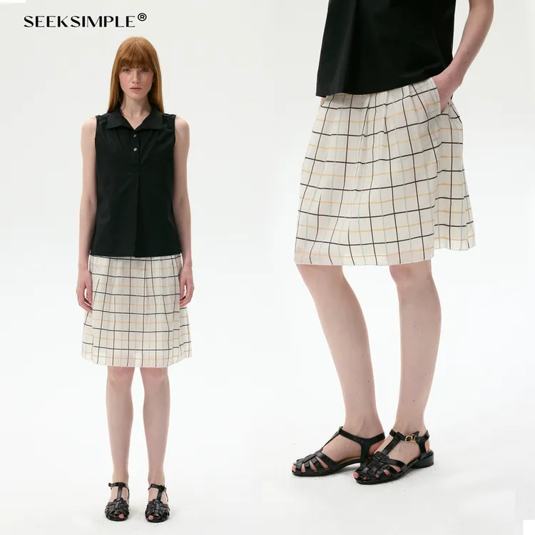 SEEKSIMPLE  格纹压褶A摆半身裙D0319