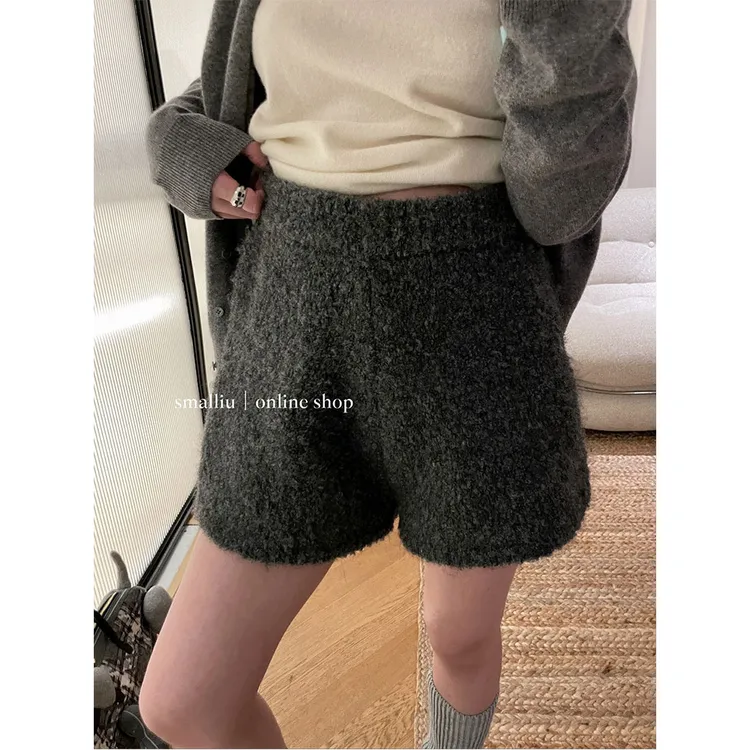 SMALLIU圈圈纱灰色针织毛呢秋冬短裤