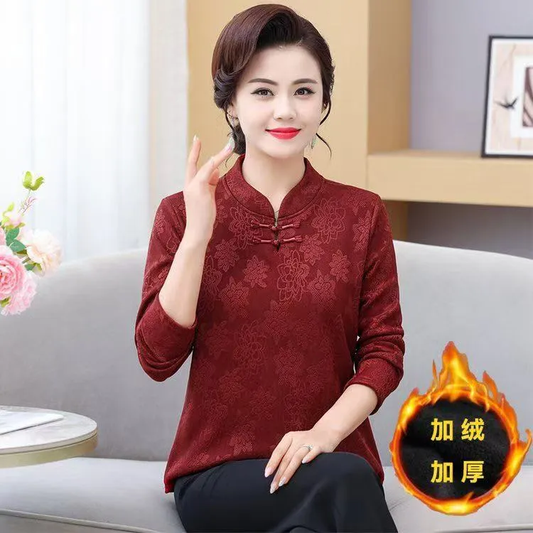 2025提花秋冬妈妈装新款盘扣时尚洋气修身显瘦保暖加绒打底上衣