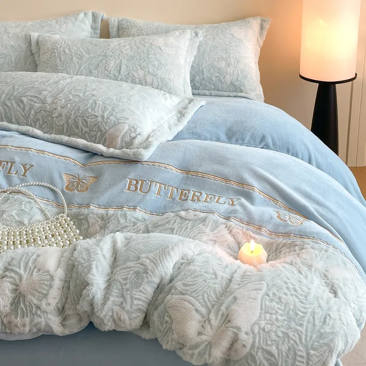 高端雕花绒加厚双面绒被套牛奶绒床单冬季加绒床上四件套
