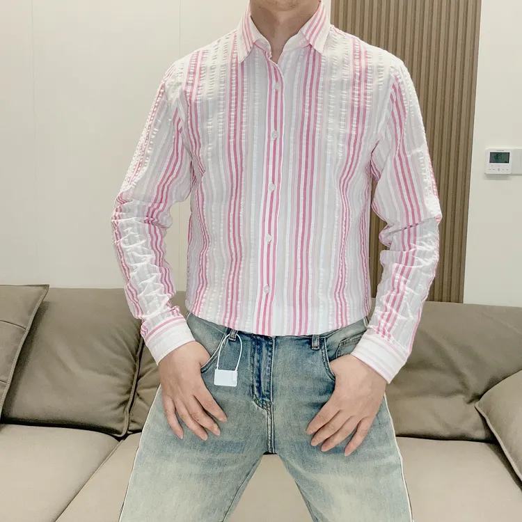 竖条纹褶皱设计免烫衬衫男秋季新款男士修身帅气百搭长袖衬衣潮流