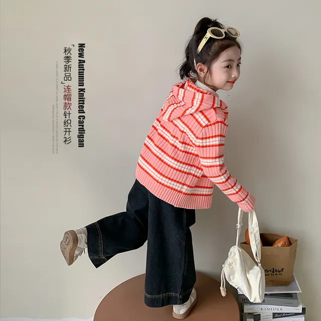 女童针织开衫春秋款2026新款儿童连帽拉链衫洋气上衣女孩秋装外套