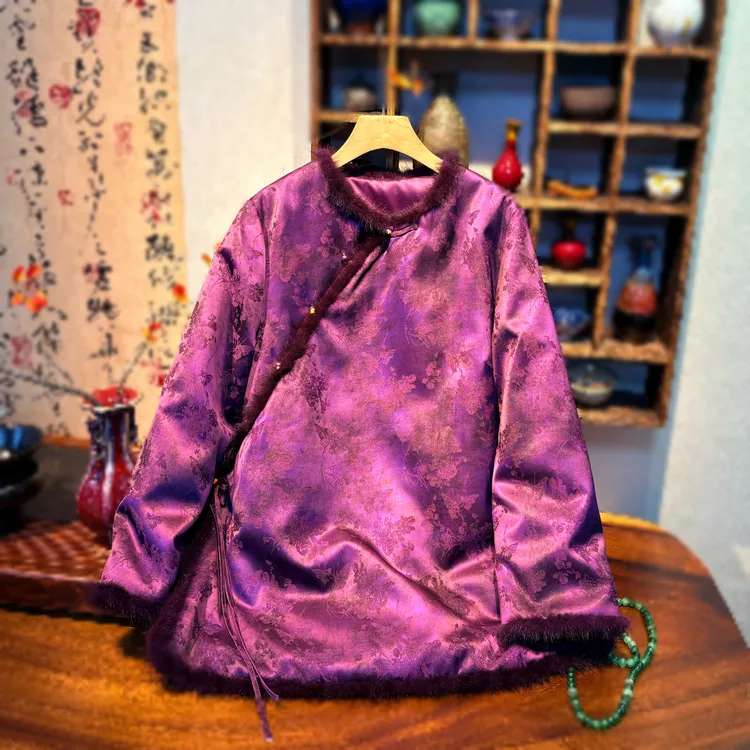 YUEZHE新中式水貂毛棉服女2025冬季新款提花棉衣加厚国风棉袄外套