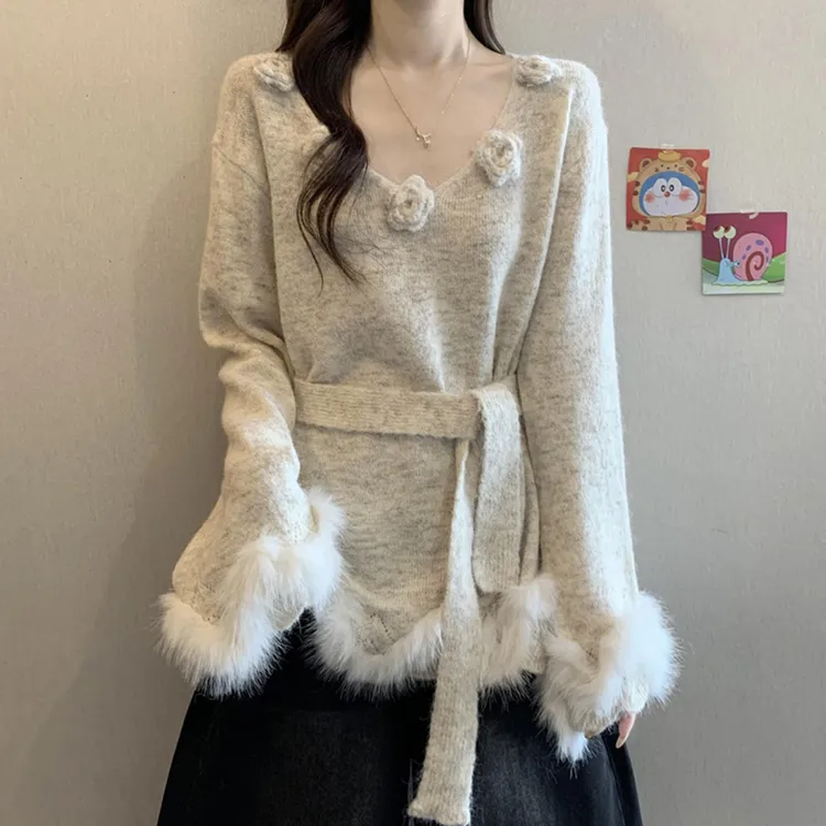 立体花朵慵懒风V领针织衫女秋冬应季韩系高级感软糯收腰毛衣上衣