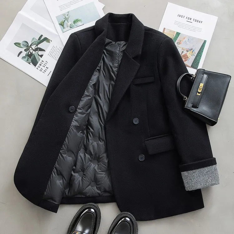 大码冬季小西装外套女羽绒棉服中长上衣夹棉毛呢加厚灰色呢子大衣