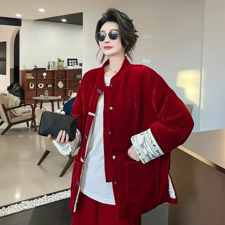 林夕国风复古新中式彩色丝绒刺绣薄棉女装外套棉衣棉服