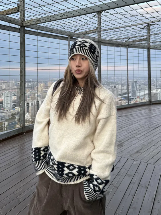美式慵懒风费尔岛圆领针织提花毛衣女秋冬新款高级感针织衫