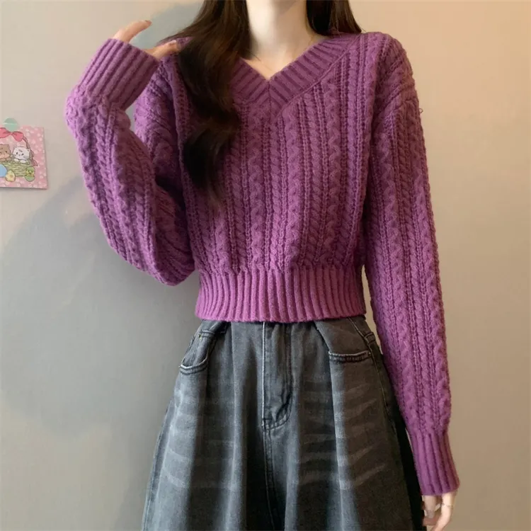 2025春秋新款麻花针织衫女慵懒风毛衣设计感小众短款v领长袖上衣