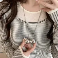 钛钢吊坠 日韩简约银色蝴蝶结项链女甜美高级感个性毛衣链卫衣链
