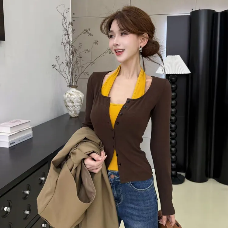 小众秋季辣妹修身打底衫设计感挂脖方口领内搭假两件开衫长袖T恤