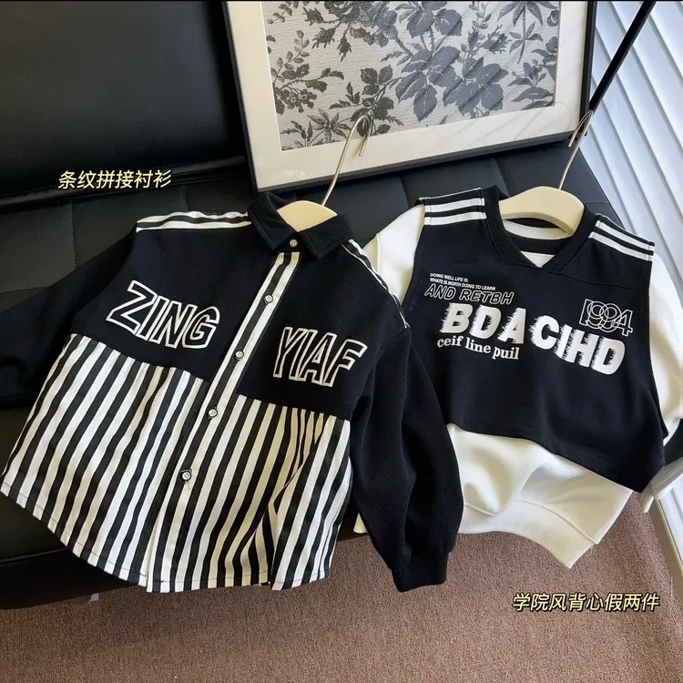 儿童春秋新款上衣男童中大童假两件拼接卫衣休闲条纹衬衫时髦上衣
