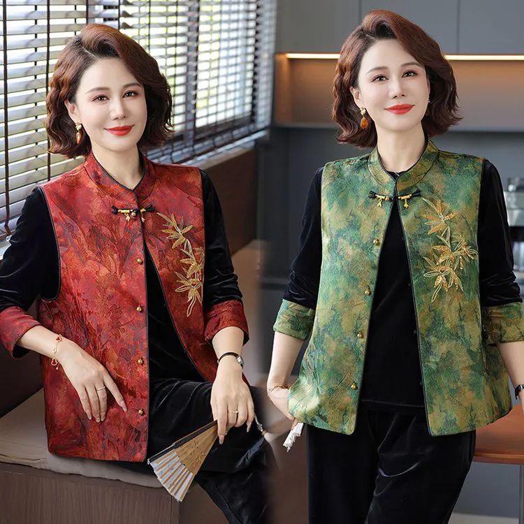 新中式妈妈秋装金丝绒长袖国风刺绣圆领马甲外套套装