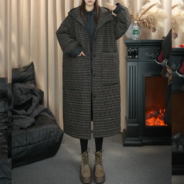 肉肉家 休闲大码洋气百搭显瘦格子加绒加厚棉服9341