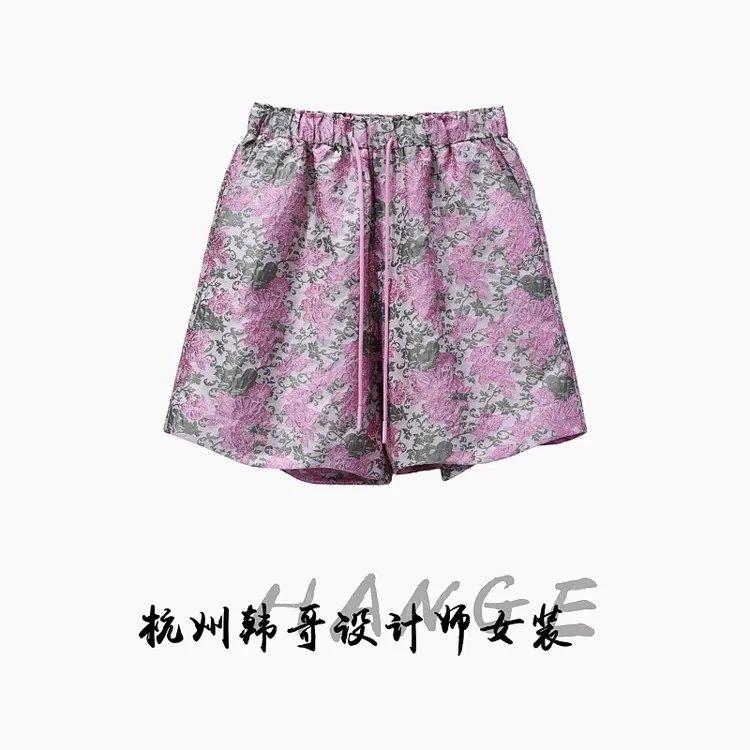 【韩哥女装】2025欧版小众设计师樱花粉高腰提花高克重短裤6599-H1