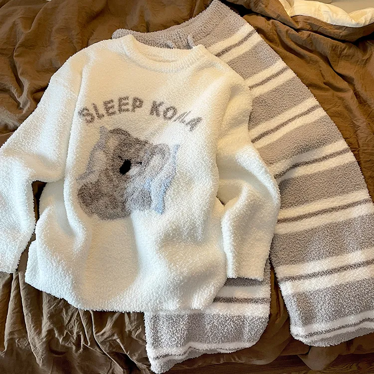 简约风考拉印花针织半边绒睡衣女秋冬加厚保暖休闲舒适套装可外穿