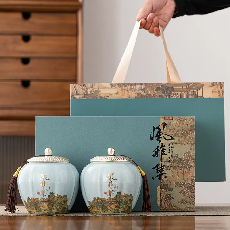 新款中式茶叶礼盒装空盒包装高档陶瓷大号家用密封储存茶叶罐定制