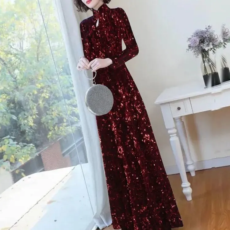 哥弟阿玛施正高端妈妈装旗袍连衣裙女2023秋新款宴会重磅珠片礼服