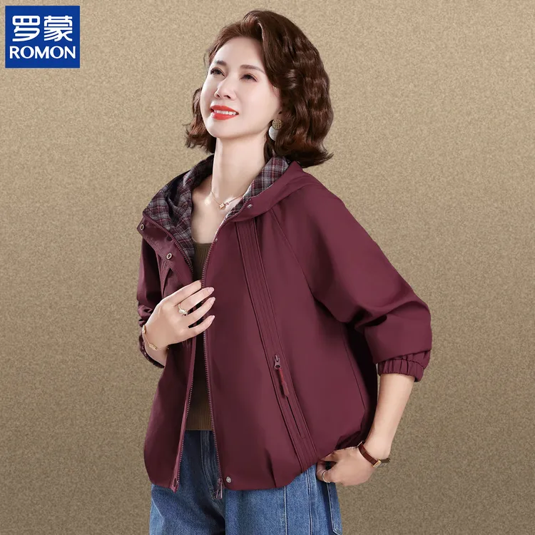 罗蒙洋气妈妈秋装外套连帽立领上衣短款时尚中老年女秋季夹克风衣