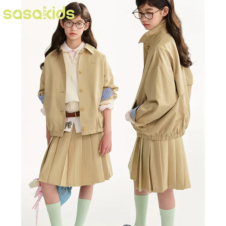 sasakids  巴恩风氛围感翻领袖口撞色宽松休闲夹克卡其色外套童装