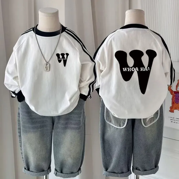 潮牌男童衣服春秋款长袖T恤100%纯棉宽松休闲上衣简约童装打底衫