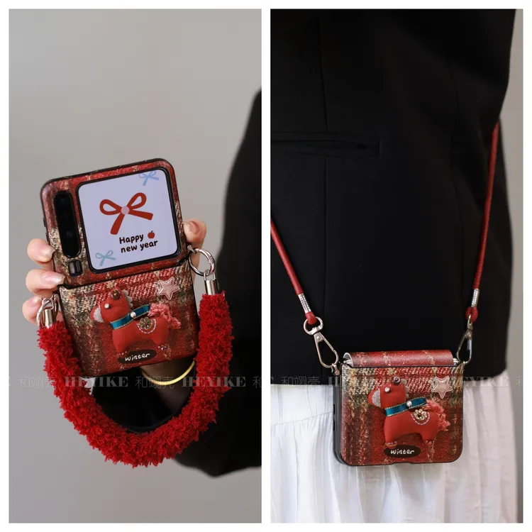 新年刺绣小马毛绒适用华为purax手机壳斜挎zflip7全包pocket2酒红