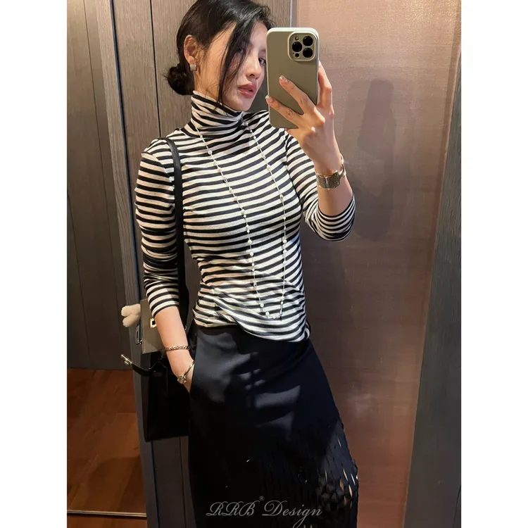 RRB Design 「万搭时髦」澳洲进口防缩羊毛微弹显瘦条纹高领衫