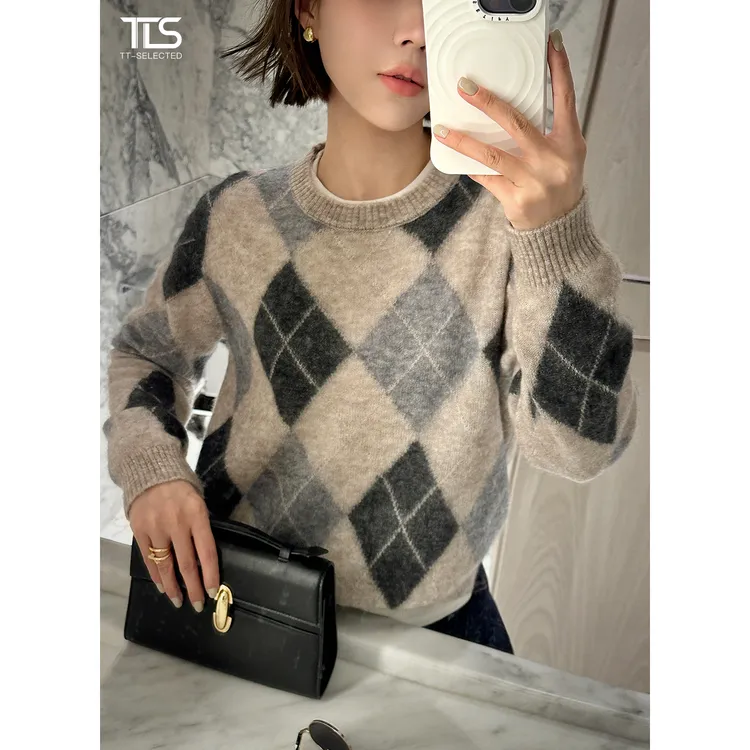 TT【几何美学】康赛妮山羊绒羊毛混纺亲肤软糯菱格针织毛衣MY5078
