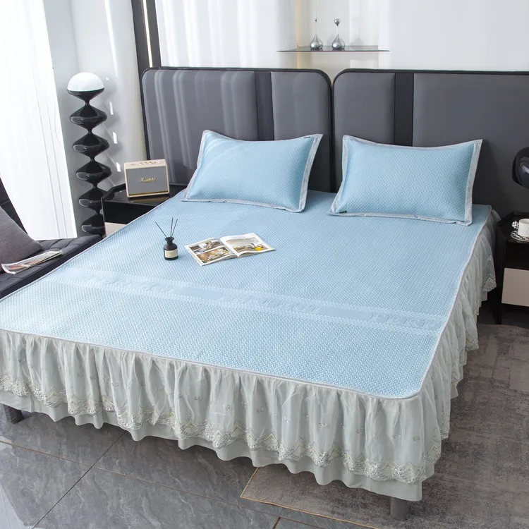 【冰豆豆拉链蕾丝床裙款】高档凉席三件套夏天床裙软席可机水洗席子