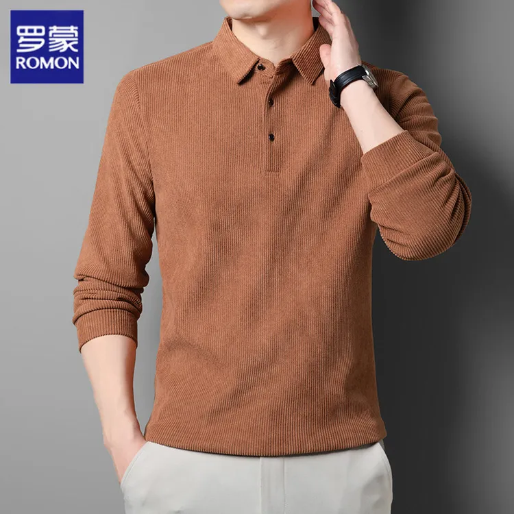 罗蒙冬季新款男士加绒长袖体恤纯色加厚翻领打底保暖休闲上衣男士