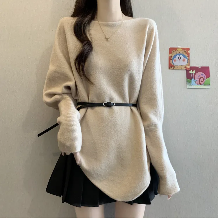 大码女装高级感长袖毛衣上衣2025秋冬新款中长款遮肚不规则针织衫