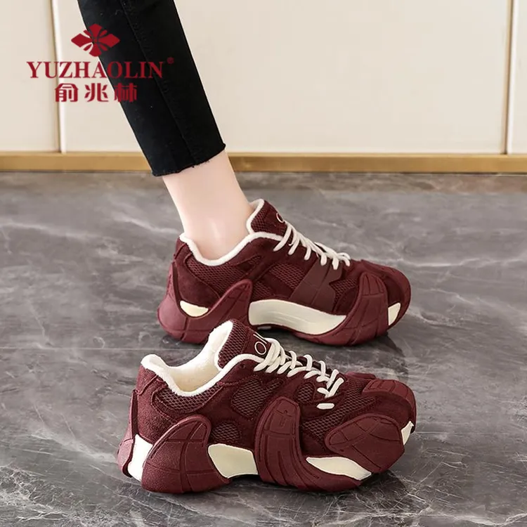 俞兆林加绒厚底老爹鞋女款2025新款冬季鞋子红色运动棉鞋保暖户外