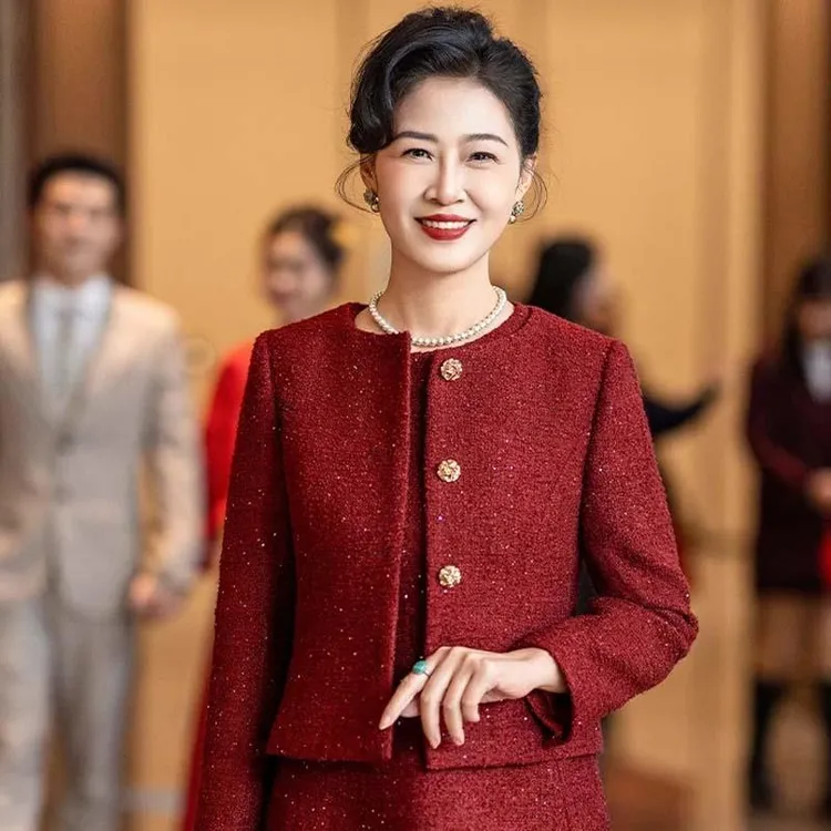 小米有品秋冬季外套喜妈妈结婚宴礼服红色喜婆婆小香风套装裙轻奢