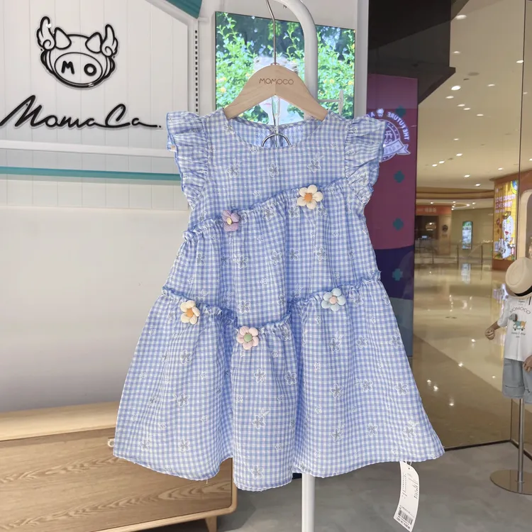 MOMOCO女童夏季儿童格子立体花朵时尚休闲飞袖连衣裙77630470224