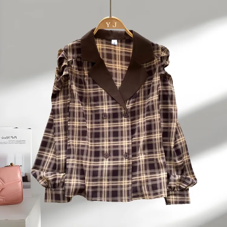 法式洋气高端潮牌百搭上衣女秋季高级感西装领双排扣印花长袖衬衫