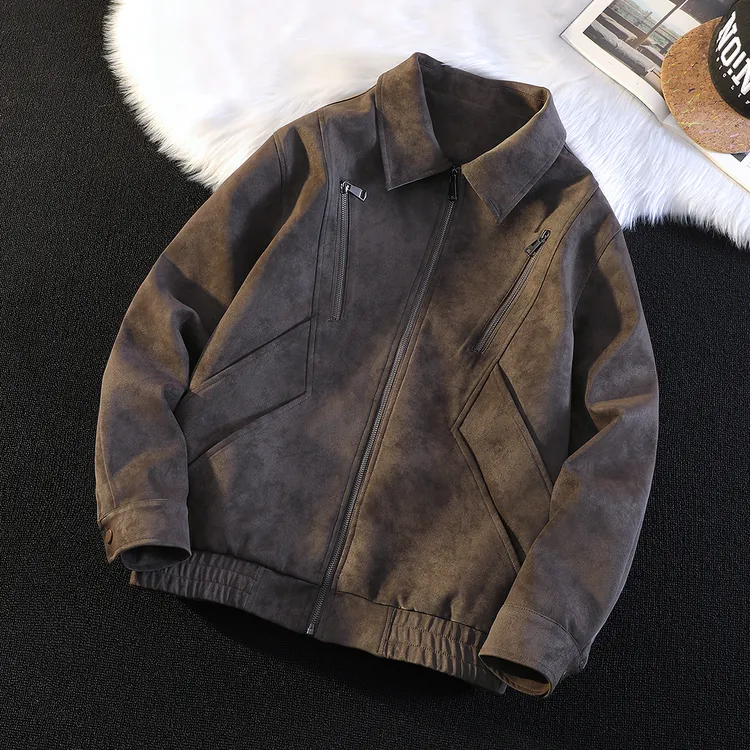 高级感秋季新款皮衣外套男休闲翻领时尚轻奢宽松美式工装夹克男潮