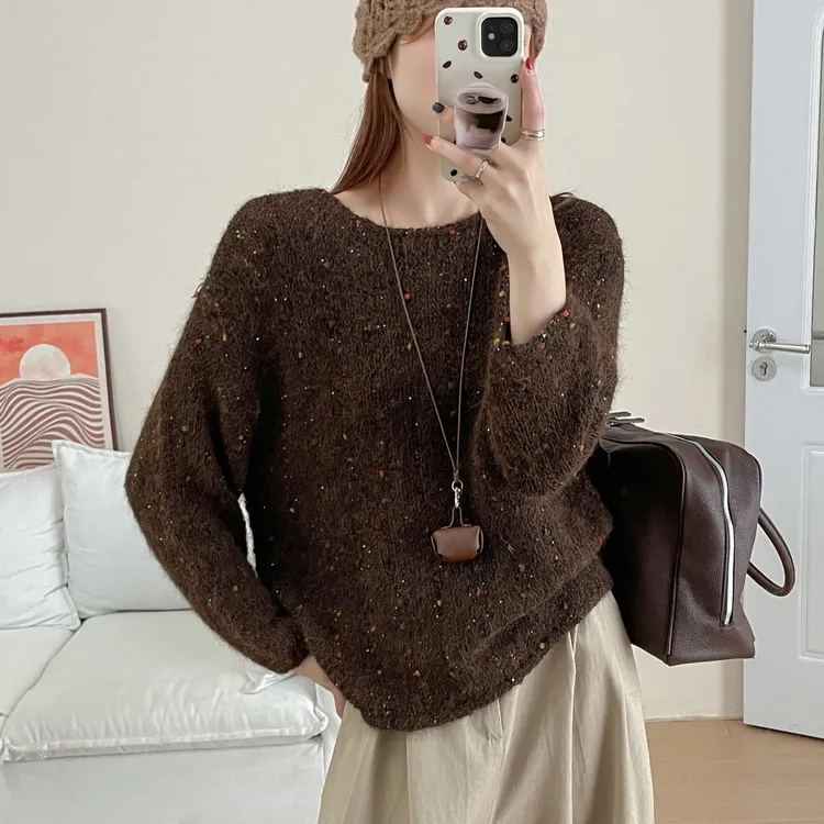 时尚彩色球球亮片卷边毛衣女秋冬季韩版一字领慵懒风针织衫