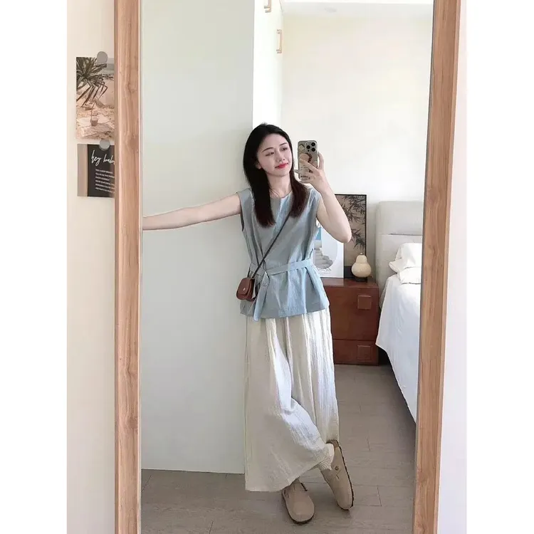 韩系慵懒风气质无袖上衣女2025夏季新款显瘦百搭高腰阔腿裤两件套